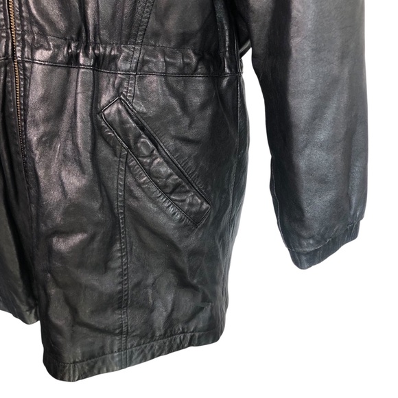 VINTAGE 90s Wilsons Leather Black Leather Hooded Insulated Coat Jacket Medium - Picture 3 of 8